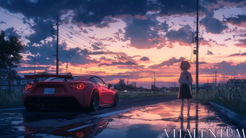 Red sports car and girl pause under a glowing sunset sky.