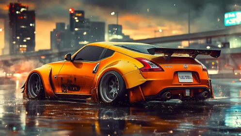 Golden sports car glows against a rainy neon city night