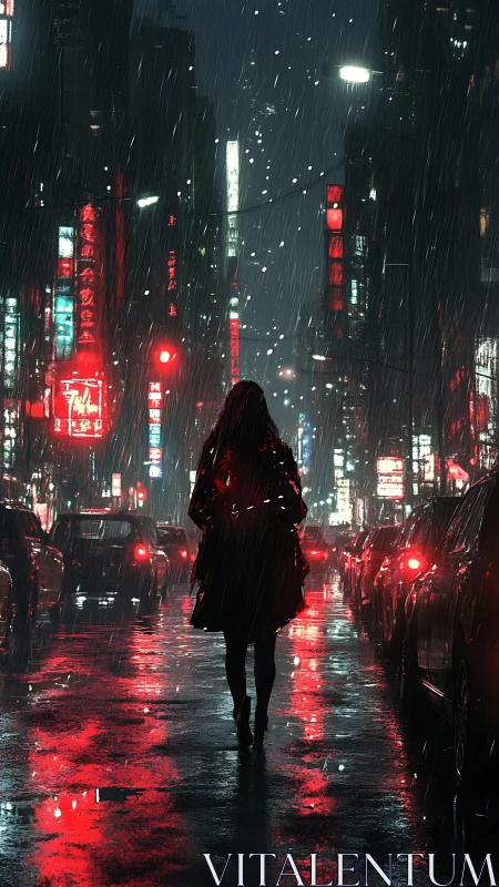 Silhouetted figure walks alone through rainy neon city street