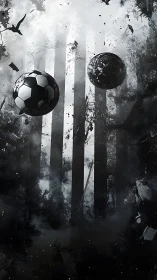 Monochrome football spheres amid vertical striped backdrop.