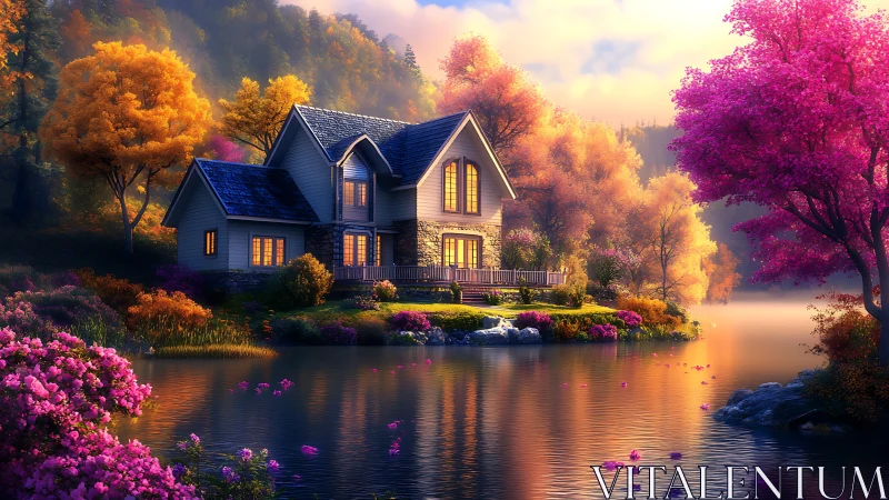 Cozy lakeside cottage glowing amid dreamy autumn colors.