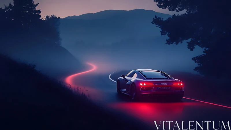 Neon trail coupe chasing dawn along a mist-soaked mountain road.