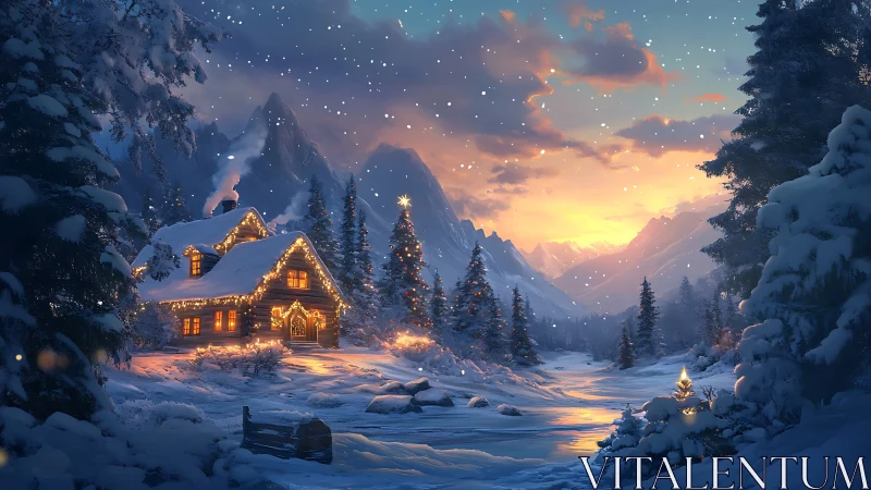 Snowy cabin glows warmly beneath a tranquil winter sunset