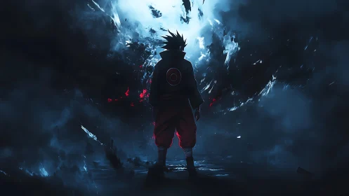 Solitary anime figure in stormy blue and red energy field.