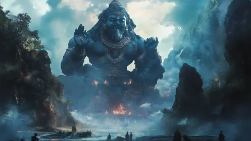 Titanic blue deity rises from mist to guard burning temple