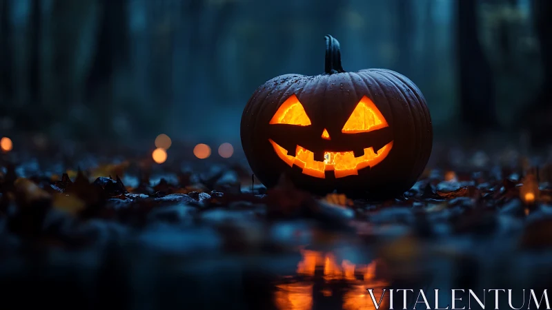 Carved jack o lantern sits on wet forest ground at dusk