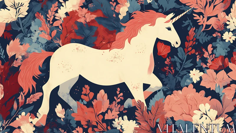 Unicorn silhouette within dense floral pattern composition.