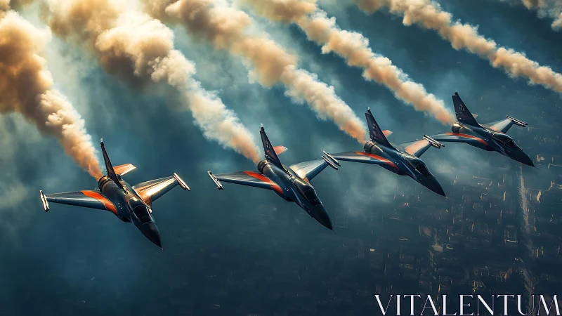 Four jet pilots carve glowing smoke trails across the sky