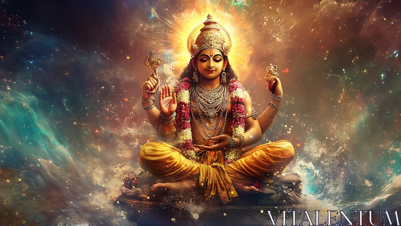Radiant divine deity seated in cosmic golden light meditation.