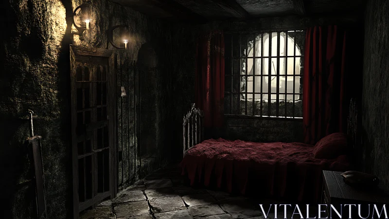 Medieval stone prison cell lit by barred window glow.