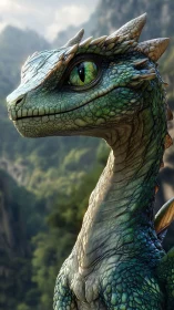 Verdant juvenile dragon portrait with hyperreal scales.