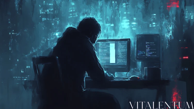 Hooded programmer works at dual monitors in dark blue room