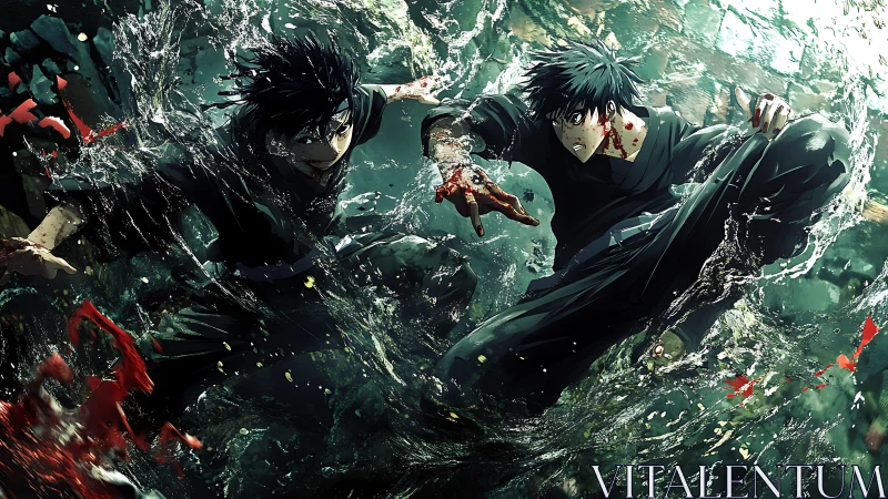 Dual anime warriors shattering bloody water in combat surge.