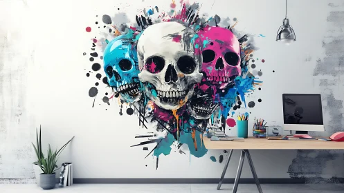 Bold skull mural brightening a creative modern workspace.