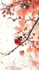 Ladybugs rehearse quiet acrobatics on watercolor berries