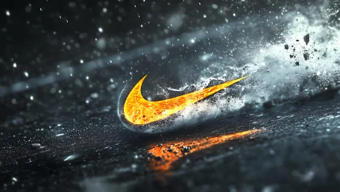 Bright orange swoosh shape intersects wet textured surface