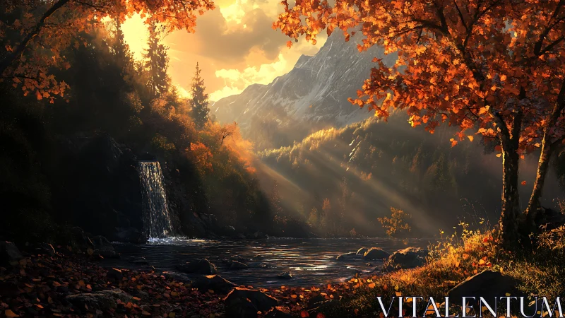 Sunlit waterfall and river traverse an autumn forest valley