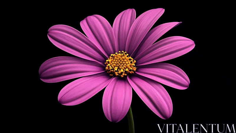 Pink daisy-type flower with golden center against black background.