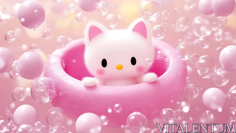 Playful kitty afloat in a dreamy pink bubble bath.