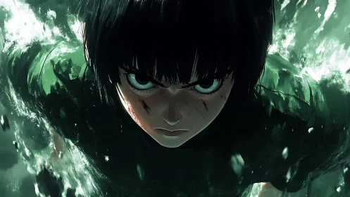 Fierce anime hero surges forward through swirling green water