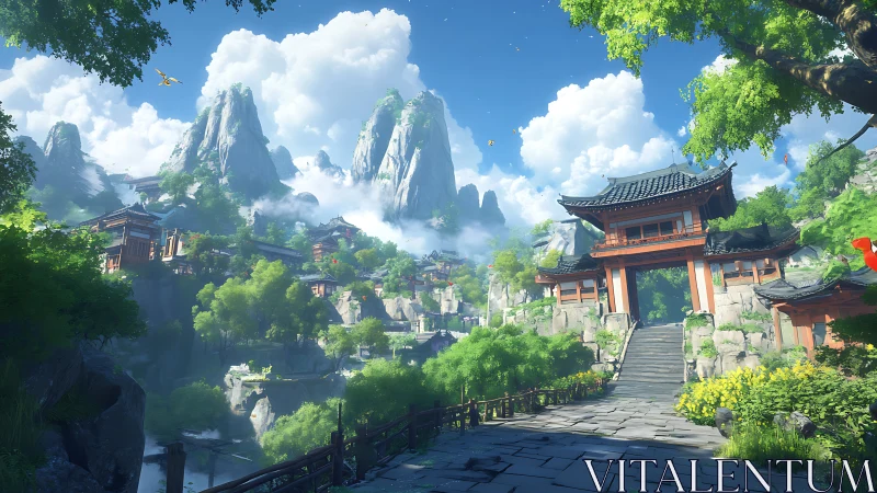 Sunlit mountain temple village wrapped in drifting clouds.