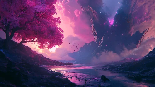 Chromatic nebula rift above luminous magenta riverscape.