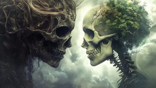 Opposing skulls visualize decay and regrowth in surreal detail