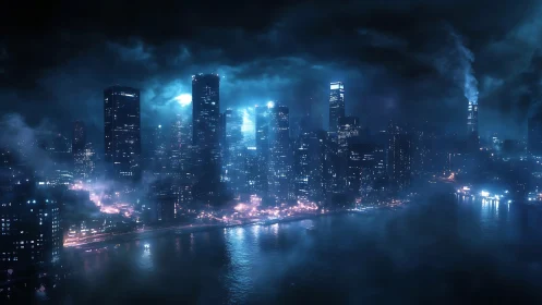Nocturnal cyberpunk skyline with neon haze over waterfront