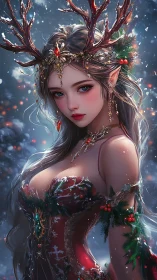 Christmas antlered elf woman in ornate red fantasy dress.