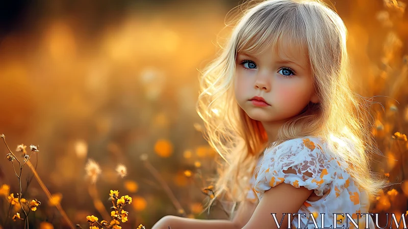 Golden-hour daydream girl amid glowing wildflower whispers.