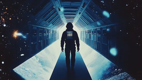 Solitary astronaut in illuminated deep space corridor.