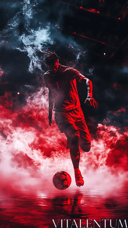Backlit footballer dribbling amid red atmospheric stage smoke