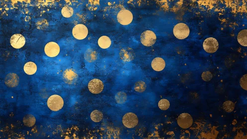 Abstract blue and gold polka dot art with textured metallic finish.