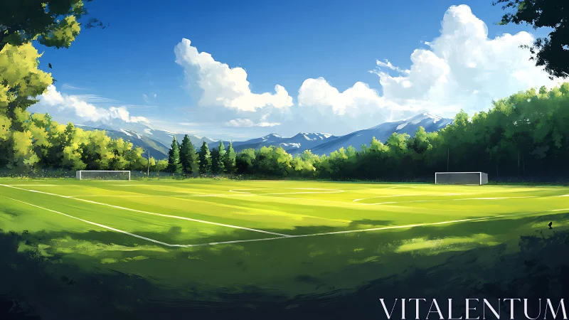 Mountain valley soccer field under clear summer sky.