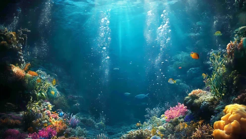 Sunlit coral reef cavity with volumetric caustics and dense biodiversity