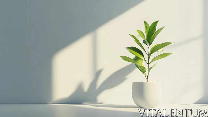 Minimalist potted plant in directional sunlight on pale wall.