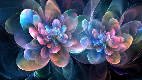 Fractal floral structures with layered translucent forms.