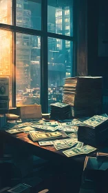 Office desk with scattered banknotes and document stacks.