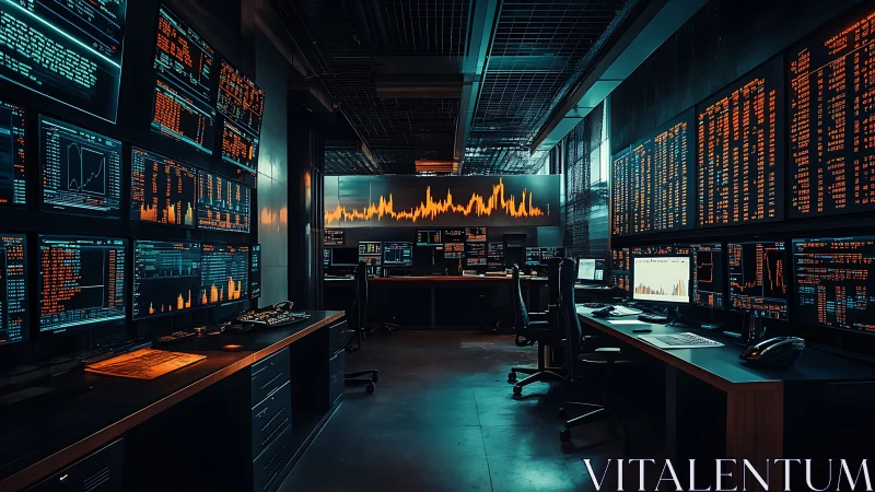 Glowing data command center alive with charts and screens.