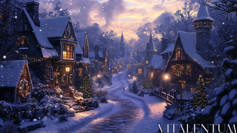 Digital painting of a snowlit Christmas village streetscape.