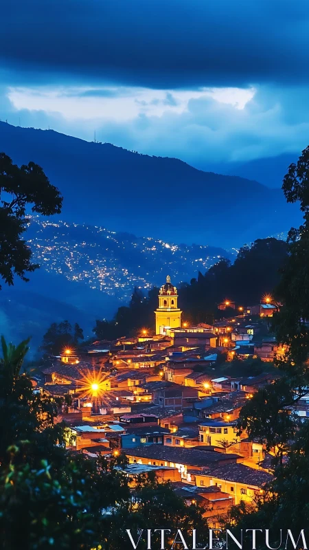 Photorealistic mountain town at twilight with glowing bokeh lights.