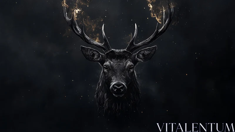 Stag portrait with luminous antlers in dark cinematic void.
