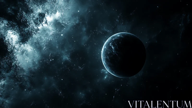 Midnight planet drifts through icy nebular storms of starlight.