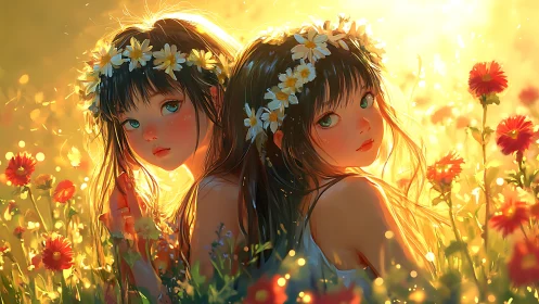 Golden hour sisters share a gentle moment in wildflowers