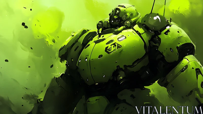 Armored mech pilot in toxic green battle haze.