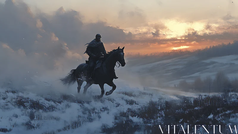 Armored rider on horseback crossing misty winter valley at dawn