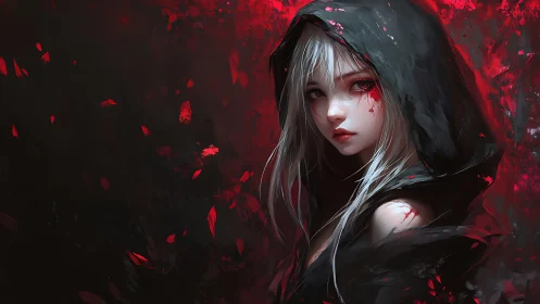 Shrouded silver‑haired girl amid crimson falling embers.