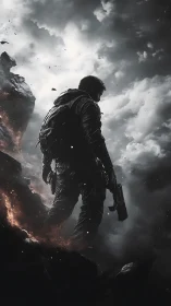 Lone soldier stands amid burning cliff and storm clouds.