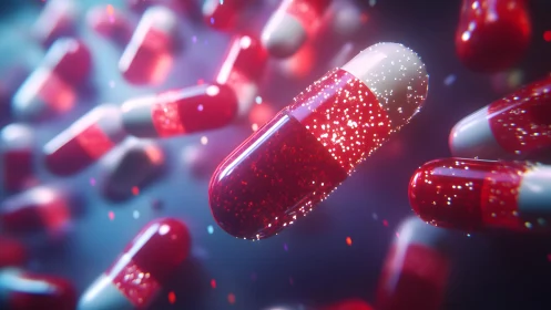 Red and White Capsules Floating in Futuristic Digital Style.