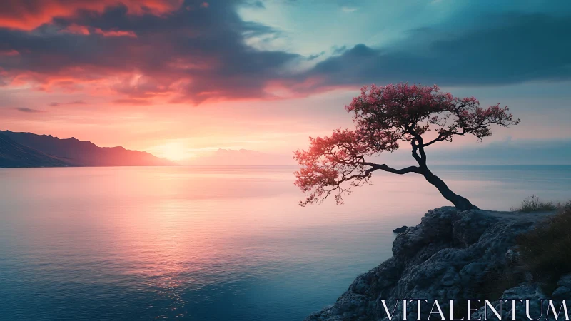 Solitary blossom tree crowns tranquil sunset coastline.